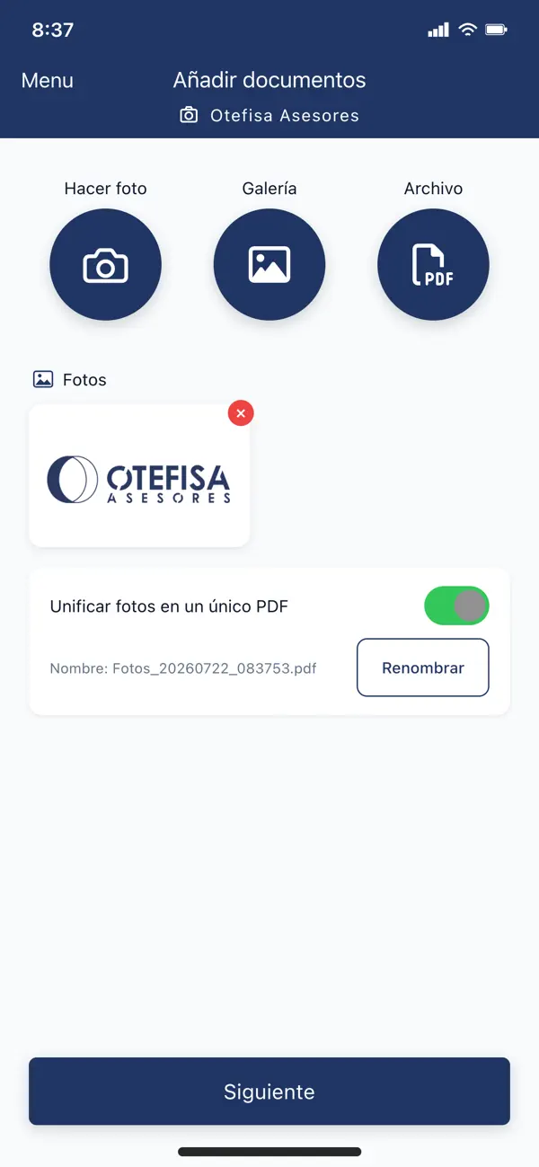 App Asesores Otefisa: factura adjuntada desde el móvil